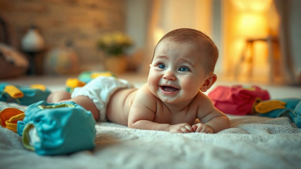 Felicidade do bebe usando fraldas descartáveis de qualidade.